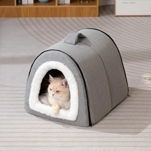 Hollypet Katzenbett Kleiner Hundebett, Haustierbett aus Leinen 2-in-1 Faltbares Katzenhöhle, Warmes Höhlennest für Katzen & Kleine Hunde, Grau