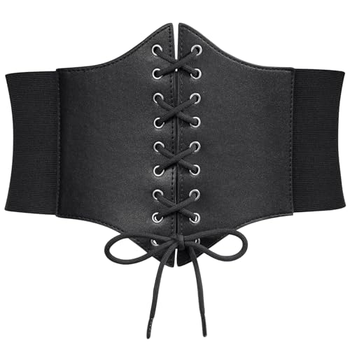 WERFORU Women Corset Elastic Belt Wide Retro Lace-up Tied Costume Waspie Waist Belt for Ladies Halloween, Suit Waist Size 25-28 Inches, Black