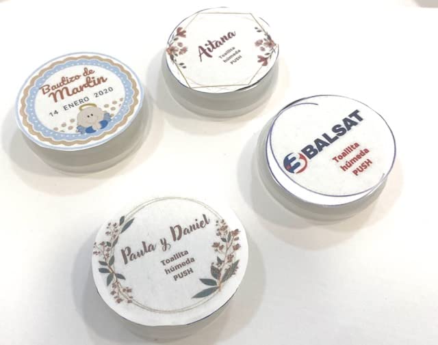 BALSAT Toallitas humedecidas monodosis 50 unidades. Ideales para eventos,bodas, bautizos, comuniones. Toallitas para bodas. Incluye etiqueta personalizable. Paquete de 50 unidades.