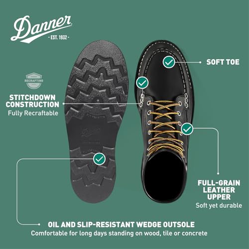 Image of Danner 6 inch Bull Run Moc Toe Work Boots for Men - Oiled Full-Grain Leather Upper with Non Slip Wedge Outsole and 3-Density Cushion Footbed, EH Resistant