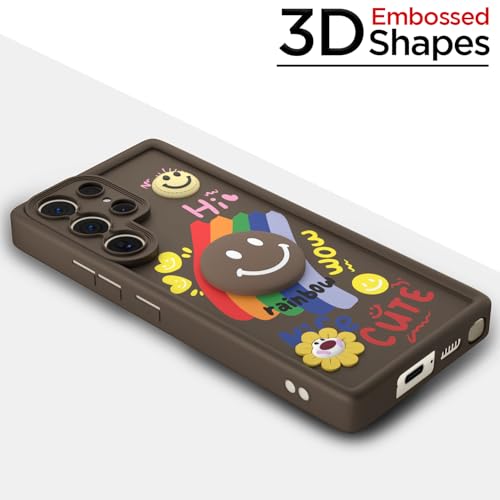Image of Pikkme Back Cover for Samsung Galaxy S23 Ultra 5G | Soft Silicone| Cute Rainbow Smile & 3D Cartoon Flower Design | Shockproof Raised Camera Protection Bumper Case (Brown)