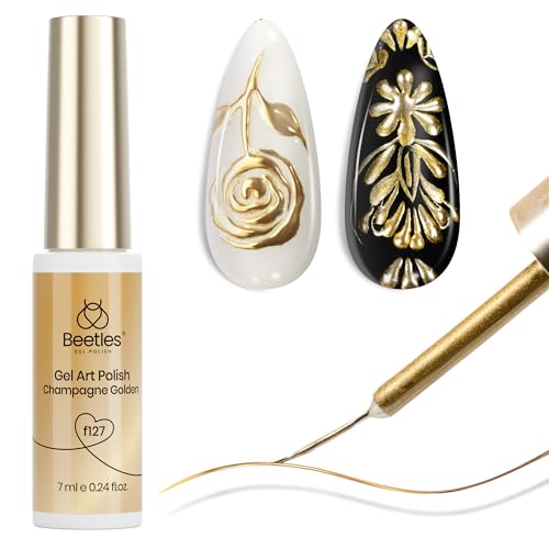 Beetles Metallic Gold Gel Liner 7ml French Tip Gel Nail Polish 3D Mirror Chrome Effect Metal Painted Gel Polish Build in Thin Brush French Swirl Line Nail Art Soak off Uv Lamp Manicure Salon
