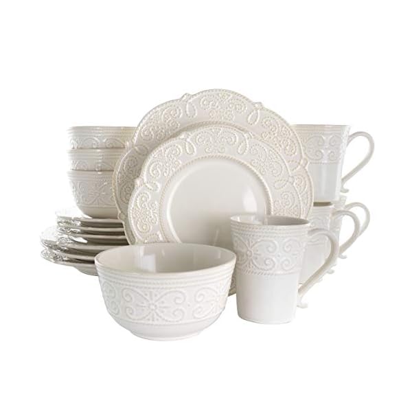 Elama Round Decorated Stoneware Scallop Embossed Dinnerware Dish Set, 16 Piece, Luna Elama Round Decorated Stoneware Scallop Embossed Dinnerware Dish Set, 16 Piece, Luna
