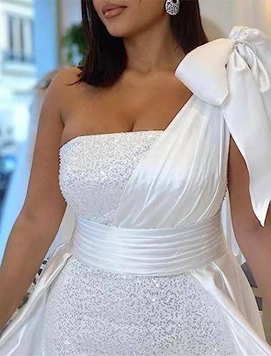 Lyhias One Shoulder Sparkle Mermaid Wedding Dress for Women Strapless Sequins Bridal Gowns with Court Train JD0072