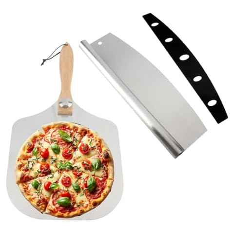 Pizza Peel & Rocker Cutter Set, Premium Aluminum Pizza Spatula, 12 inch Metal Pizza Paddle(12" x 14") with Foldable Wooden Handle, for Oven Baking Pizza, Dough, Bread, Pastry Cover