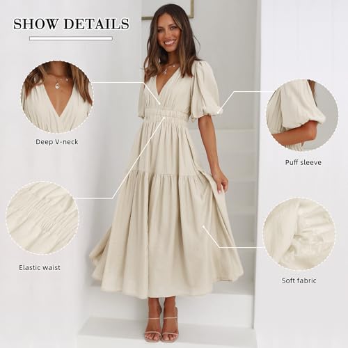 Image of 2025 Summer Deep V Neck Casual Dresses for Women Elegant Flowy Midi Dress Wedding Guest Dress
