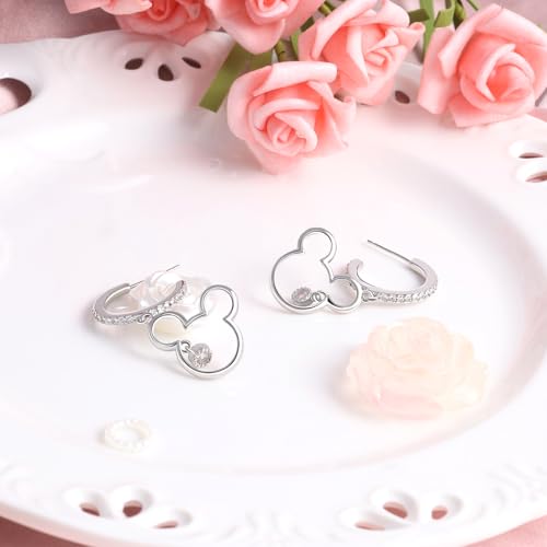 Mouse Earrings for Women Sterling Silver White Gold Mouse Open Hoop Earrings Sparkling CZ Lucky Cute Mini Stud Earrings Animal Fashion Hypoallergenic Princess Jewelry Gifts for Daughter Birthday2