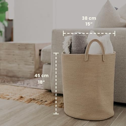 Image of OrganiHaus Tall Cotton Rope Laundry Basket & Hamper, Blanket Storage 52L | Full Honey - Tall Cotton Rope Hamper, 52L