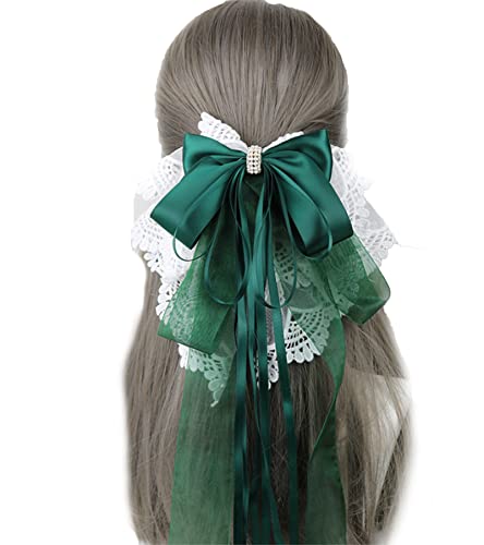 A'sTool リボン 髪飾り 大きめリボン バレッタ ヘアアクセサリー ゴスロリ ロリータ レース ヘアアクセ ドレス 赤 ピンク 青 黒 白 緑 (グリーン 2)