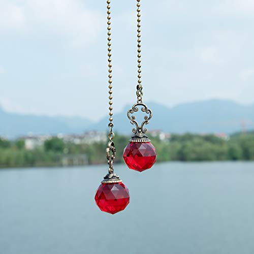 Image of Set of 2 Vintage-Style Red Fan Pull Ceiling Fan Chain Pulls Crystal Prism Ball