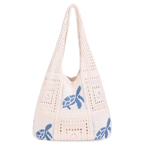 Sightor Bolsa de crochê, bolsa de praia de malha, bolsa Hobo de verão, bolsa boho, para mulheres, Azul damasco quadrado, Large, Boho