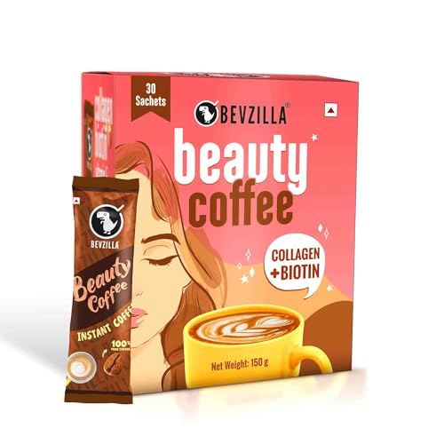 Image of Bevzilla 30 Instant Beauty Coffee Infused with Marine Collagen, Biotin & Vitamin E Powder Sachets (30 X 5 Gram Sachets) Arabica Coffee|Strong & Easy to Carry|Best for Espresso, Latte,Cappuccino