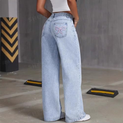 Women Embroidered Bow Jeans High Waist Y2K Denim Pants Aesthetic Basic Wide Leg Jeans Trendy3