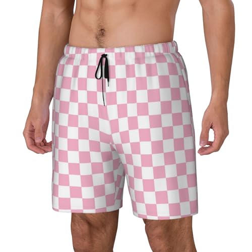 Pink Pastel Checkered Funny Men's Swim Trunks Board Shorts Quick Dry-3