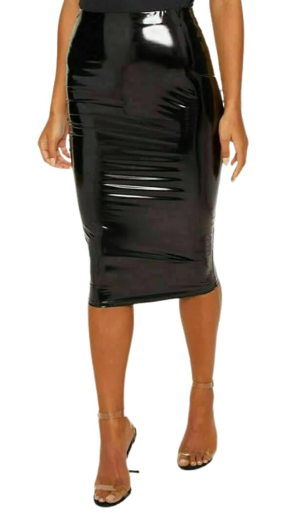 Best Look Women's Black Pu Vinyl Bodycon Midi Skirt Night Out Party Wet Look Pencil Skirt (, 16-18)