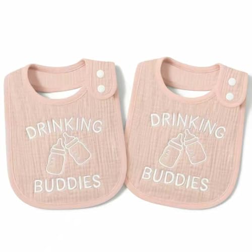 Tkusteigs Twin Bibs – Ultra-Soft Cotton Yarn Twin Baby Bibs - 'Drinking Buddies' Design, High Absorbency, Perfect Infant Gift (girl)