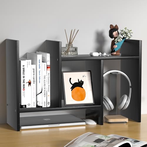 Image of Desk Shelves Wood Desktop Orgnizer Shelf.Office Organization for Top of Desk Organizers and Accessories Bookshelf Shelving,Adjustable Tier H-Shape Mini Bookcase(Black)