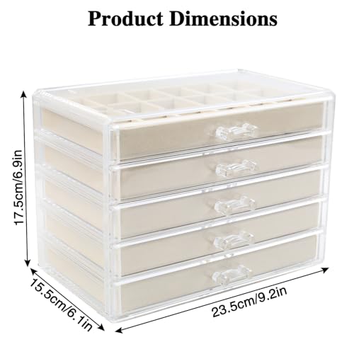 YedZen Boîte à bijoux en acrylique à 5 tiroirs en velours transparent avec plateau réglable, grandes boîtes à bijoux pour femme, organisateur de boucles d'oreilles pour bagues, colliers, boucles – vue 2