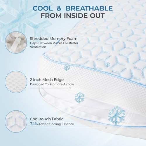 Image of Sweetnight Cooling Pillows King Size Set of 2, Shredded Memory Foam Pillows 2 Pack for Hot Sleepers, Cold Bed Pillows for Sleeping, Washable with Removable Cover, Cool Night