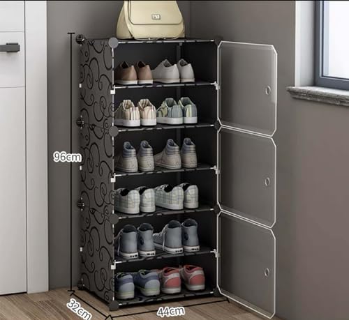 Image of AYSIS Plastic Shoe Rack for Home | 𝟔 𝐒𝐡𝐞𝐥𝐟 DIY Shoe Rack with Door 𝐌𝐚𝐠𝐧𝐞𝐭𝐬 for Home Storage Plastic Box Organizer, Metal Door Frame, Chappal Slipper Sandals Stand (Black, 6-Shelf-3-Door)