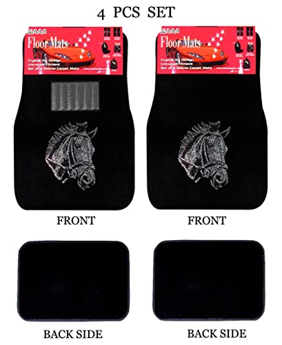 Universal Fit Front/Rear 4-Piece Full Set Horse Crystal Bling Rhinestone Studded Carpet Car Suv Truck Floor Mats (Horse/Black) #TOP1