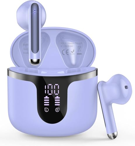 BHNYBWUL Wireless Earbuds, Bluetooth 5.3 Headphones Deep Bass Stereo Sound with ENC Noise Cancellation Wireless Headphones with 50H Playback and LED Display, IPX7 Waterproof Ear Buds Purple