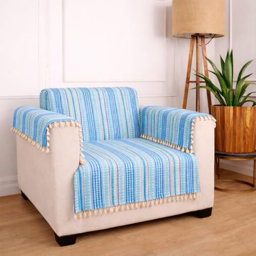 Image of Gifts Island 1 Seater Cotton Sofa Cover Mat | Anti Slip Armchair Cover Throw | All Over Furniture Protector with Elastic Straps | Washable Couch Cover for Living Room (Blue, 1 Seater)