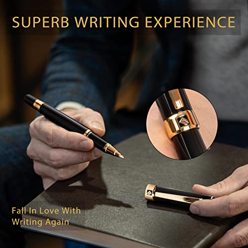 Keyzor Luxury Rollerball Pen, Black Lacquer With Real 24K Gold Trim, Schmidt Refill Premium Pens Writing Pens Black Pen Executive Pen Gift Box #TOP3