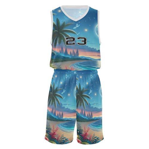 FLildon Tropical Beach Moonnight Boys Basketball Jersey Set Tank Top Shorts Tracksuit Sport Training Suit for Kids, XL