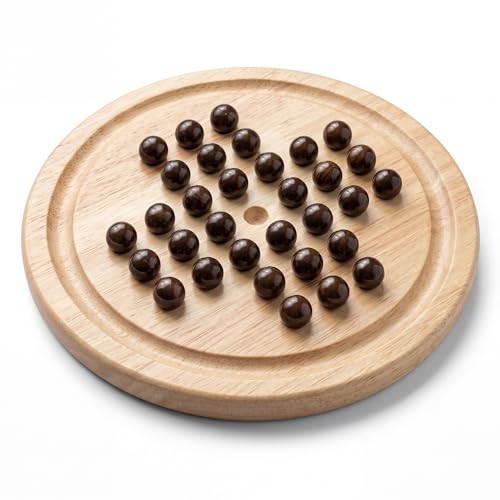 The Magic Toy Shop Wooden Solitaire Board Game 21 cm - Classic Peg Strategy Puzzle with Smooth Wooden Marbles - Traditional One Player Brain Teaser Toy for Kids & Adults
