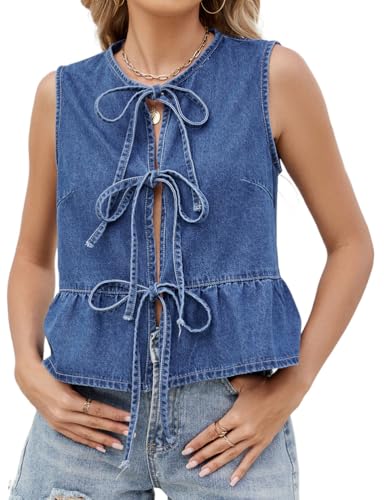 Mywinway Women Tie Front Denim Tank Tops Spring Summer Casual Crew Neck Sleeveless Shirts Ruffle Vest Tops