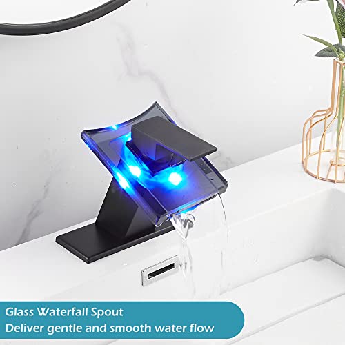 Bathroom Black Faucet Waterfall LED Glass Spout with Overflow Drain Stopper Single Handle One Hole Deck Mount Modern Designer Bath Basin Sink Tap 3 Color Changing Battery Powered Lavatory Vanity by YCCUZA - Image 7