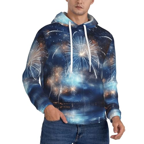 Men's Fleece Pullover Hoodie Long Sleeve Hooded New Year Pyrotechnics Sweatshirt Casual Shirts With Pockets Medium Black