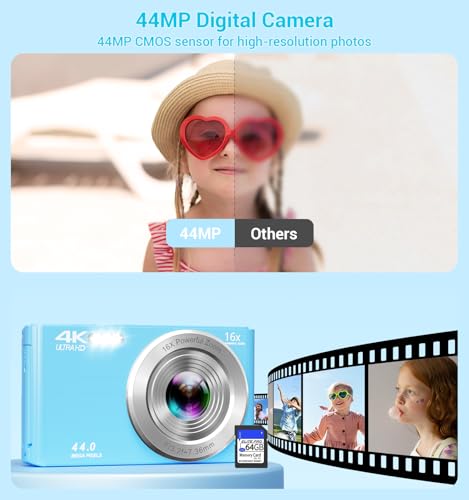 Image of Digital Camera 4K, Autofocus Digital Compact Digital Camera,16X Digital Zoom Upgraded Travel Camera with 64GB SD Card,2 Batteries,Small Camera for Teens Kids Boys Girls,Blue
