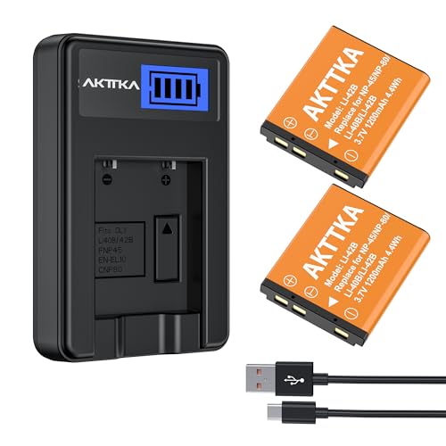 AKTTKA Batterie NP-45 NP-45A NP-45B NP-45S (2×1200mAh), Fonctionne avec Olympus Li-40B Li-42B, Nikon EN-EL10, Fujifilm INSTAX Mini 90/FinePix XP20 XP80