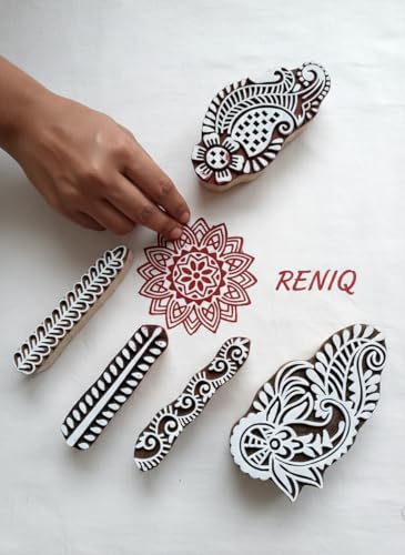 Image of RENIQ Wooden Printing Block for Fabric & DIY Craft | Handcrafted Indian Design Stamp for Textile, Pottery, Mehndi & Home Decor (Multicolor1)