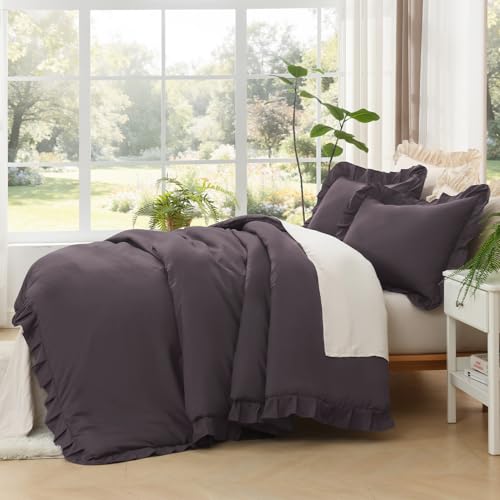 Image of Litanika Ruffle Full Comforter Sets, 3 Pieces Purple Farmhouse Aesthetic Bedding Comforter Sets for Girls Women Kids, All Season Soft Lightweight Fluffy Bedding Set(79x90In Comforter, 2 Pillowcases)