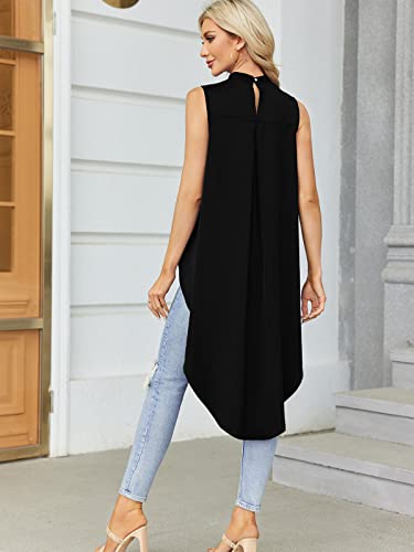 Miracmoda Woman Casual Mock Neck Sleeveless Tunic Top Asymmetrical Irregular Hem Pleated Blouse T-Shirt Dress Black #TOP4