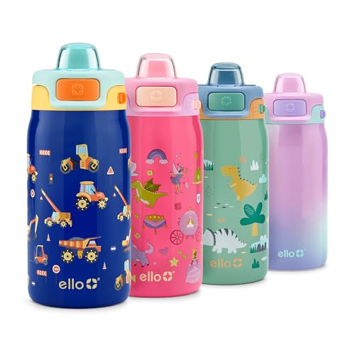 Ello Pop & Fill 12oz Stainless Steel Kids Water Bottle with Quick Fill Lid | Vacuum Insulated BPA Free Bottle with Leak Proof Straw and Chug Lid, Dishwasher Safe, Gift For Kids, Construction Site