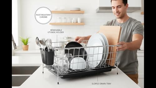Image of Stainless Steel Kitchen Dish Drying Rack with Draining Tray and Cutlery Holder Tub, Utensil Basket /Plate Stand /Bartan Basket /Dish Rack, Durable and Rust-Free, Chrome Finish, Compact Size