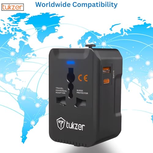 Image of Tukzer Universal Travel Adapter with 20W Type C PD & 18W USB-A Output Port, Universal Plug Socket, All in One International Travel Fast Charging Adapter for Laptop /MacBook & Mobile Charging- Black