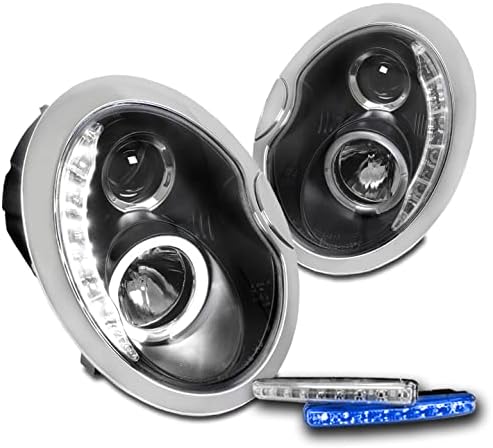 LED Halo Projector Headlights Headlamps Black w/6" Blue DRL Lights Compatible with 2002-2006 Mini Cooper