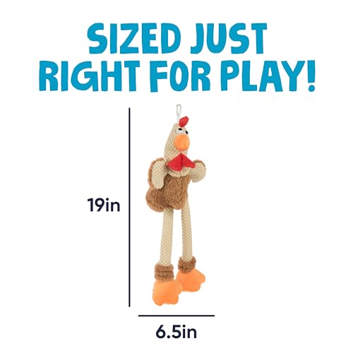 Image of goDog Checkers Skinny Rooster Tough Plush Toy with Chew Guard Technology, Durable Checkered Fabric & Squeaker for Active Play, Brown, Large