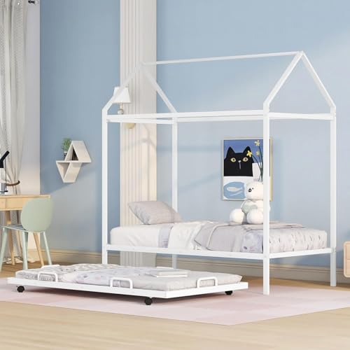Avish Wood Twin Size Metal House Shape Platform Bed with Trundle, Built-in Ladder & Solid Metal Slat Support for Kids Teens Girls Boys Bedroom, No Box Spring Needed (White)
