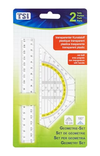 TSI Kit de Géométrie Règle 17 cm et Équerre avec Poignée 16 cm en Plastique Transparent Art. n° 46308