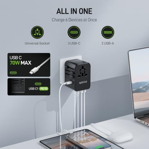 Image of EPICKA Universal Travel Adapter, GaN International Plug Adapter with 3 USB-C 70W PD Fast Charging & 2 USB-A Adaptor All-in-one Wall Charger for USA EU UK AUS (TA-105 Pro, Black)