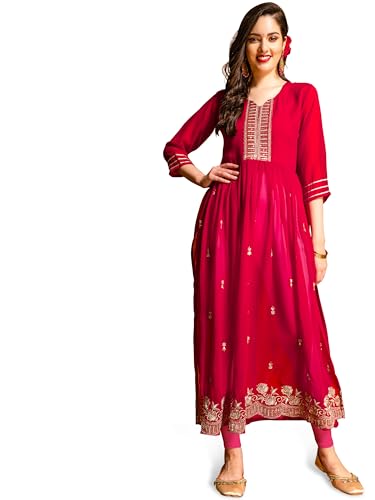 Image of EthnicJunction Women's Georgette Relaxed Fit A Line Embroidered Naira Cut A-Line Kurta | Karva Chauth Special Kurta