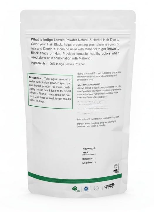 Indigo Leaf Powder, Pure and Natural, No preservatives,for Natural Hair Colorant Black, Brown Hair & Beard Dye/Color I for Men & Women - 100 gm