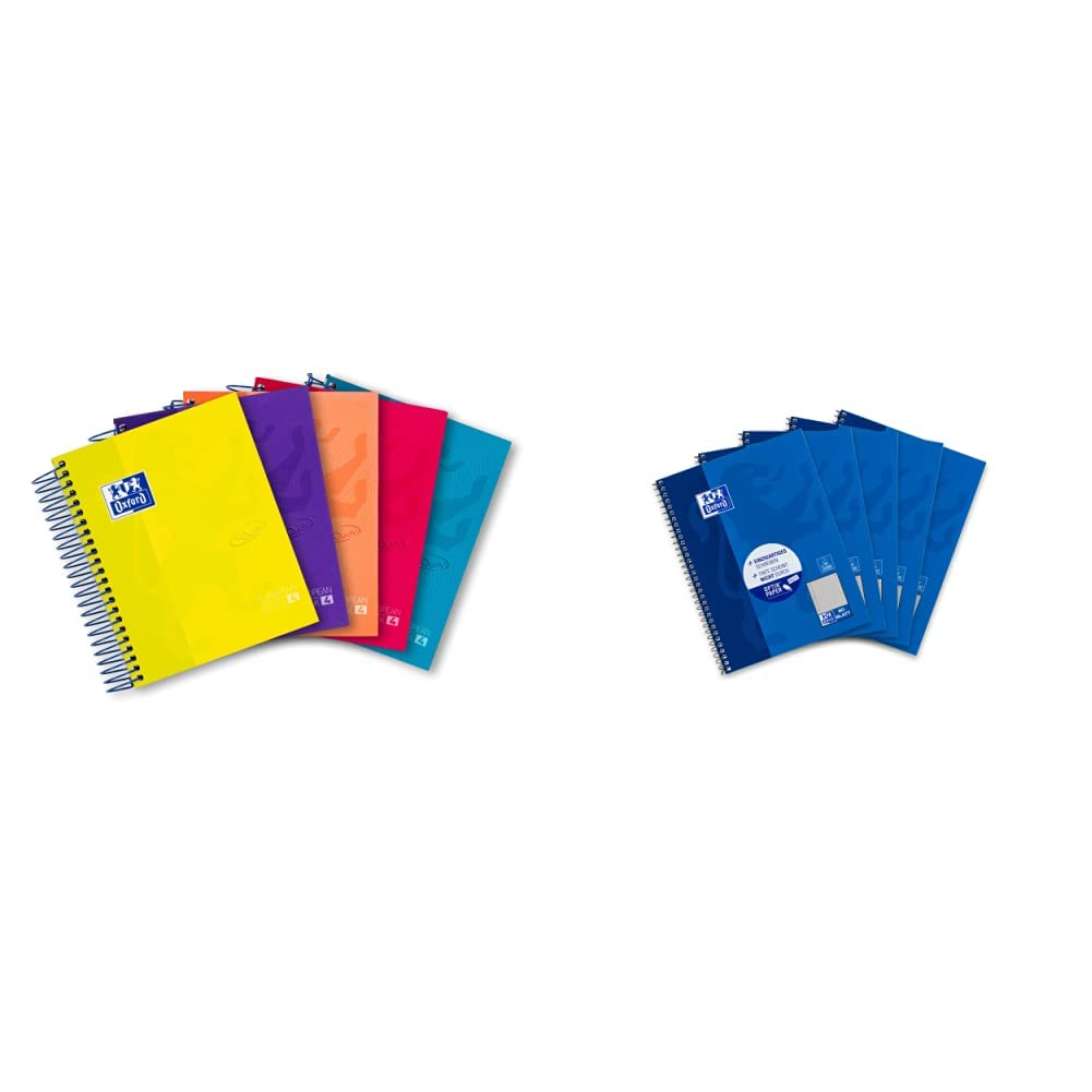 Oxford Notizblock klein, A6 Spirale Notizbuch, 120 Blatt, kariert, sortiert, 5er Pack & Collegeblock A5 kariert, mit Rand links, 80 Blatt, blau, 5 Stück
