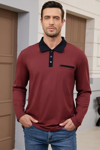 Camisetas Polo informales para hombre de manga larga, camisa clásica con botones y bolsillo, de algodón miniatura 5